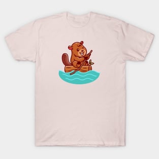 Cute Beaver Rowing On River Cartoon T-Shirt